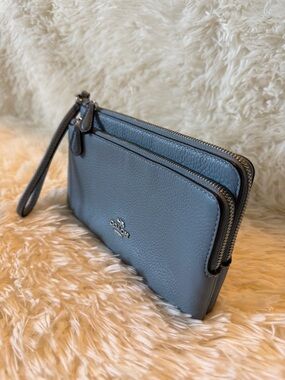 Coach Pebbled Leather Double-Zip Wristlet in Slate Blue